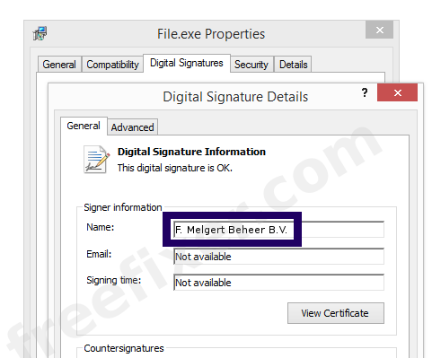 Screenshot of the F. Melgert Beheer B.V. certificate